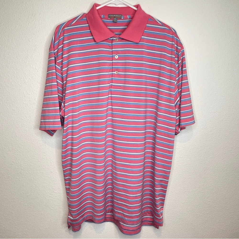 new peter millar pink blue stripe performance polo golf shirt